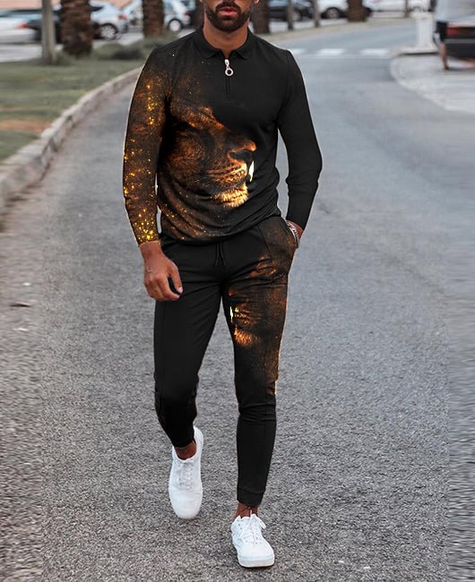 Lapel O-ring Half Zip Lion Graphic Sweatshirt & Pants Set
