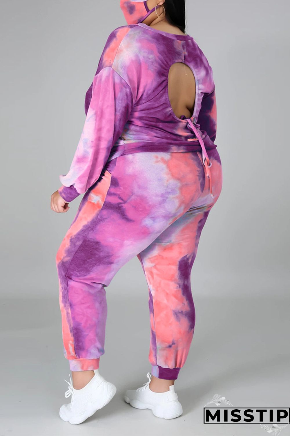 multicolor Fashion Casual Print Tie Dye Tie-dye Backless O Neck Plus Size Set