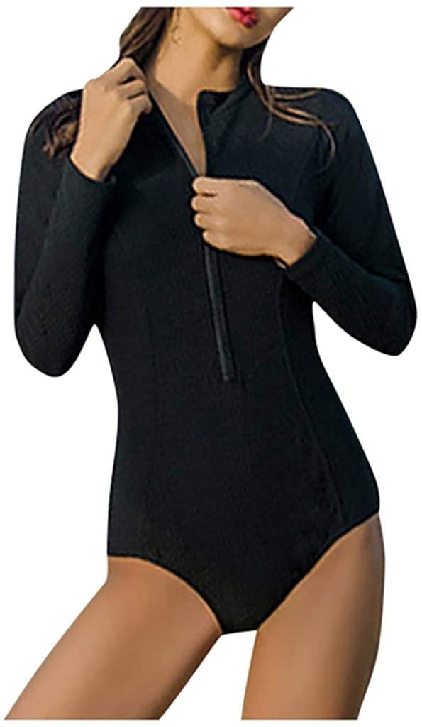 Women's Surfing Swimwear Lady Rash Guard Long Sleeve Solid Color Zipper One Piece Diving Swimsuit Beach Bikini Set