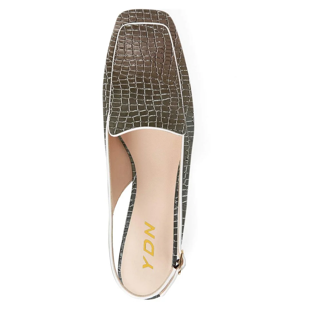 Chic Grey Gradient Embossed Slingback Chunky Heeled Loafers