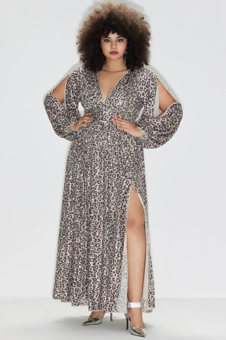 Xpluswear Design Plus Size Formal Maxi Dresses Elegant Khaki Leopard Fall Winter V Neck Lantern Sleeve Long Sleeve Split Sequin Maxi Dresses [Pre-Order]
