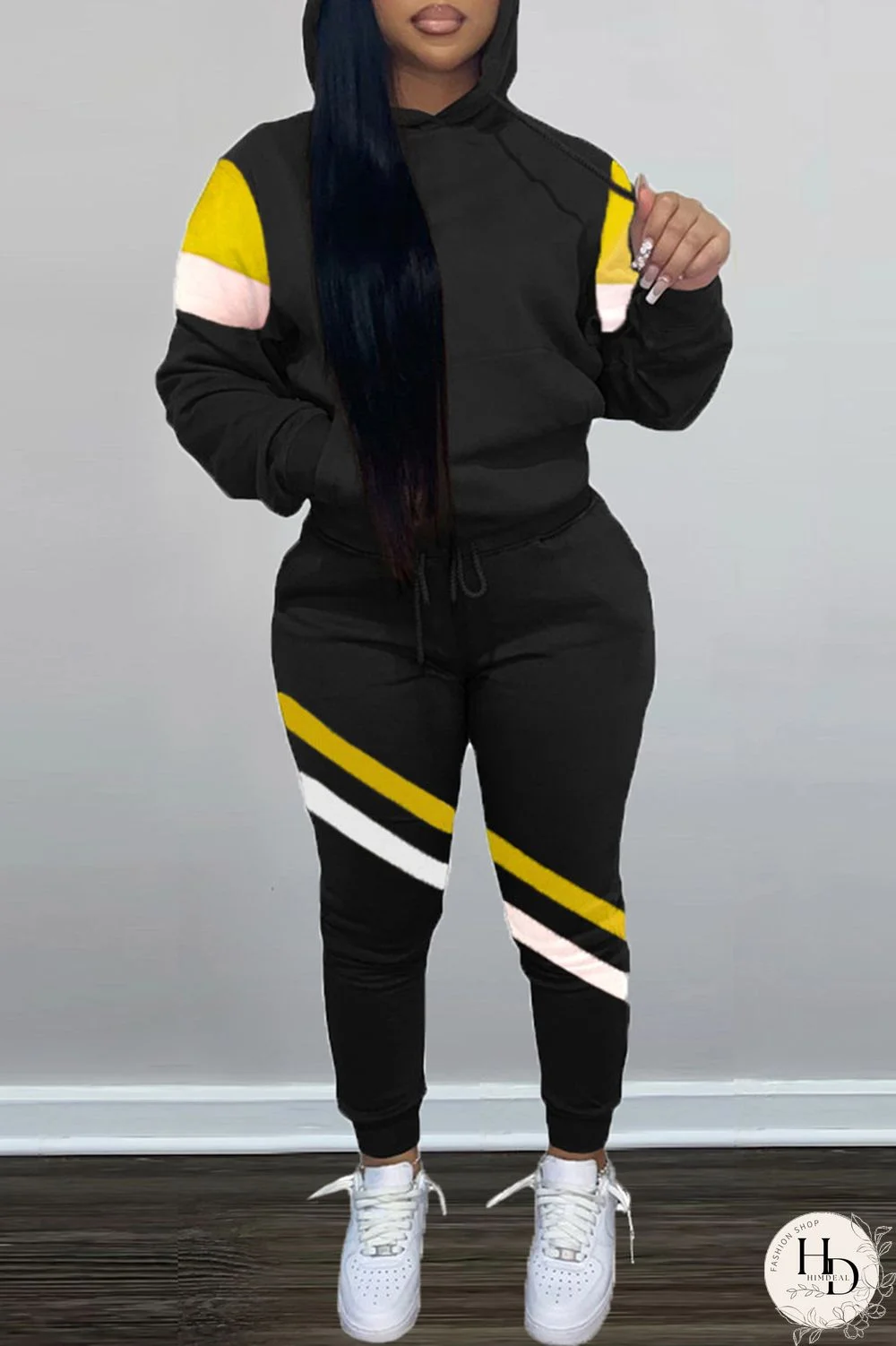 Black Fashion Casual Patchwork Basic Hooded Collar Long Sleeve Two Pieces