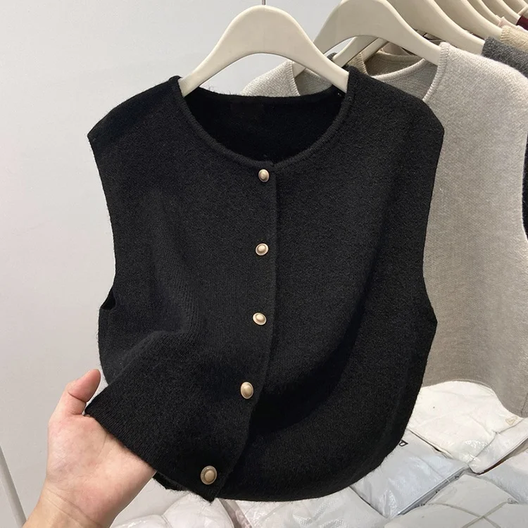 Athvotar Athvotar Old Money Style Casual Folded Round-Necked Vest Vest Women's Winter Sweater Coat Knitted Shoulder Coat