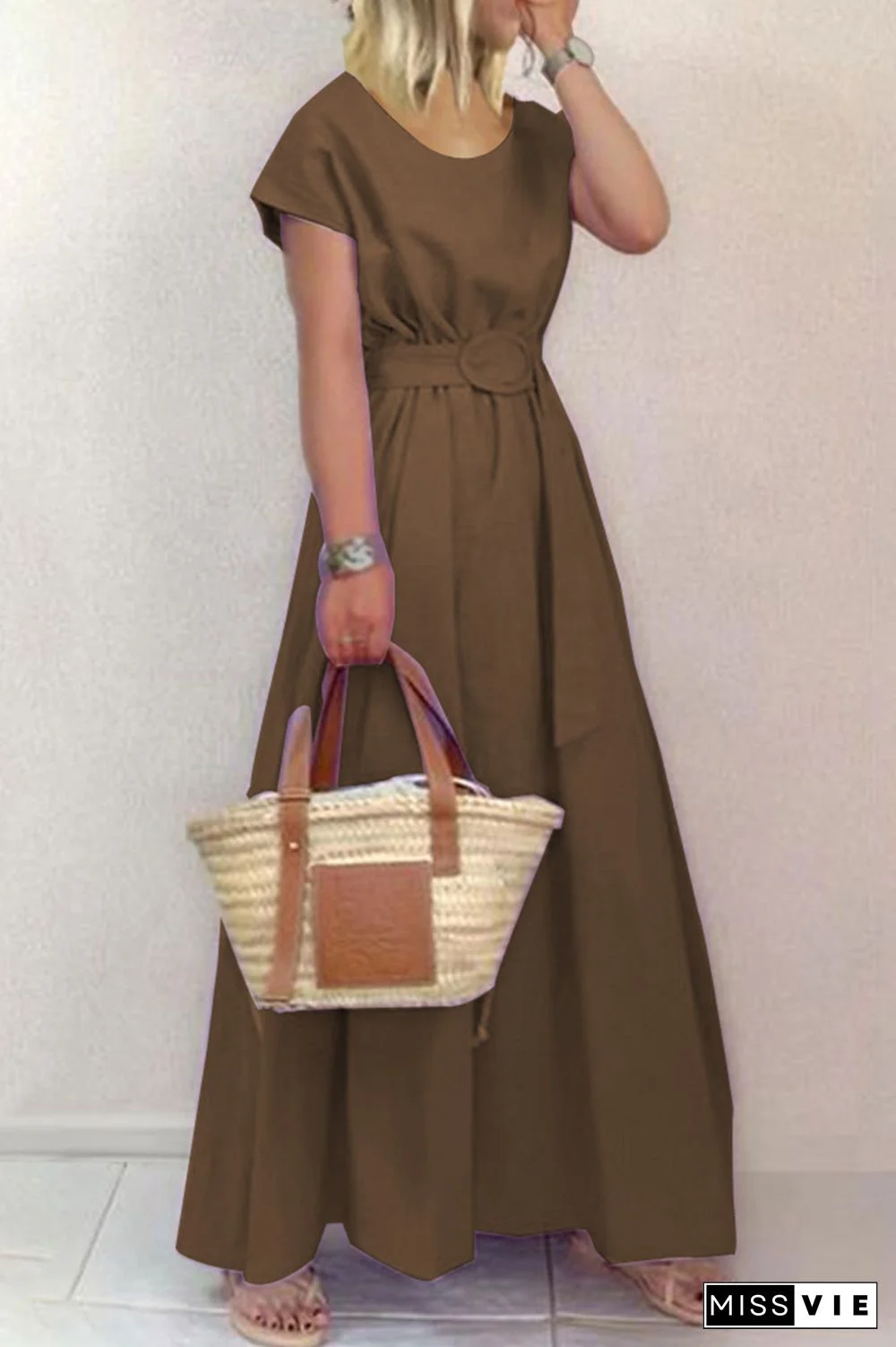 Fashion Solid Patchwork O Neck Waist Skirt Dresses(6 Colors)