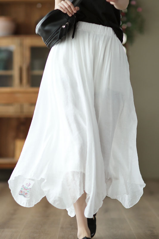 Summer Retro Silk Linen White Skirt Fashion Loose A-line Skirt Women