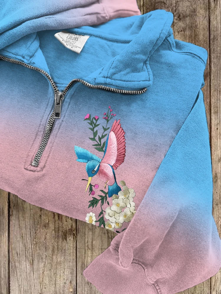 VChics Trans Pride Flower & Bird Embroidery Women's Half Zipper Sweatshirt