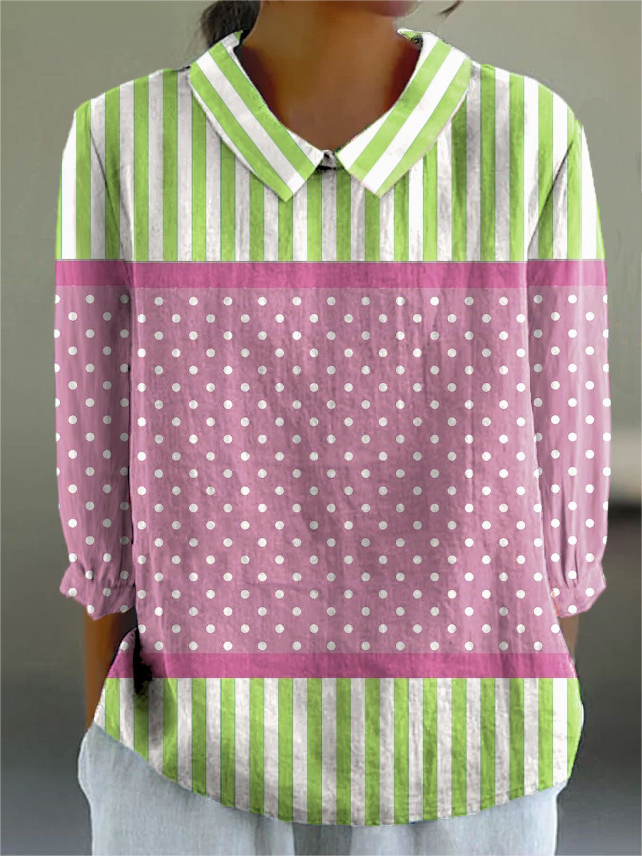 Women's Bright Abstract Dots Stripes Art Print Casual Cotton And Linen 3/4 Sleeve Shirt