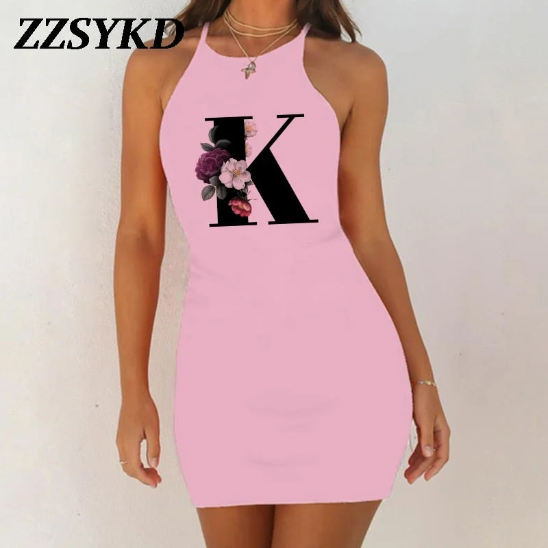 26 English Alphabet Print Summer Sexy Clothes Women Dresses 2020 Plus Size Dress Bodycon Evening Party O-Neck Pink Mini Vestidos