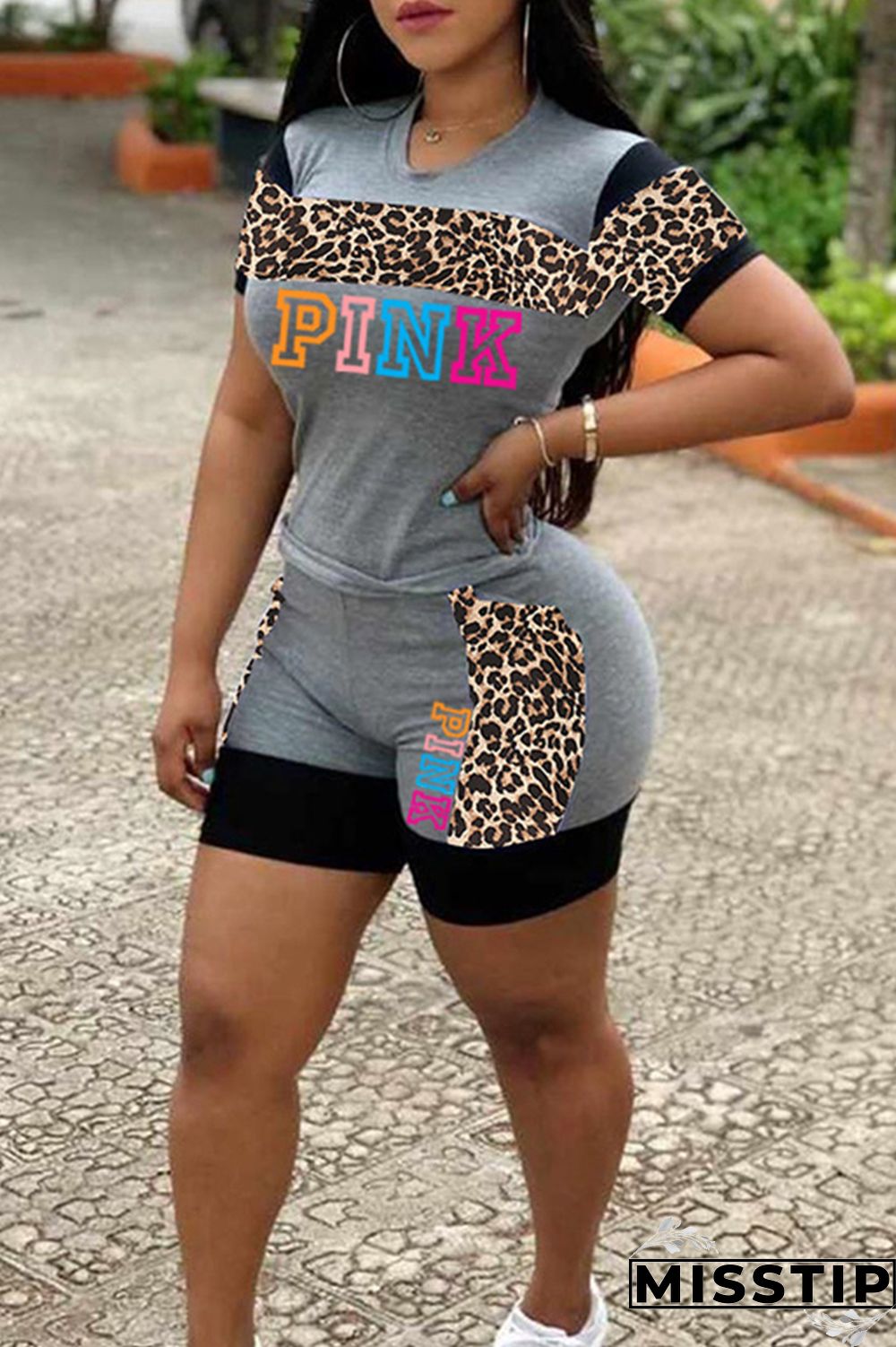 Black Fashion Casual Letter Print Leopard Patchwork O Neck Short Sleeve Two Pieces