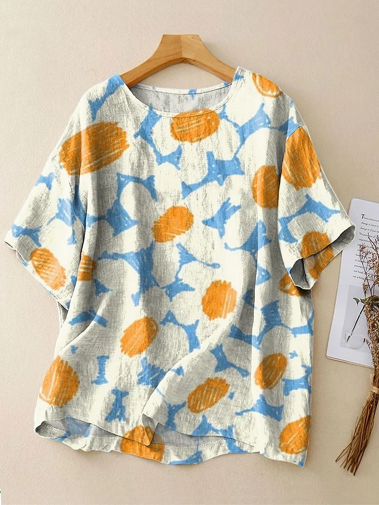 Women's Vintage Floral Art Print Casual Linen Crew Neck Shirt