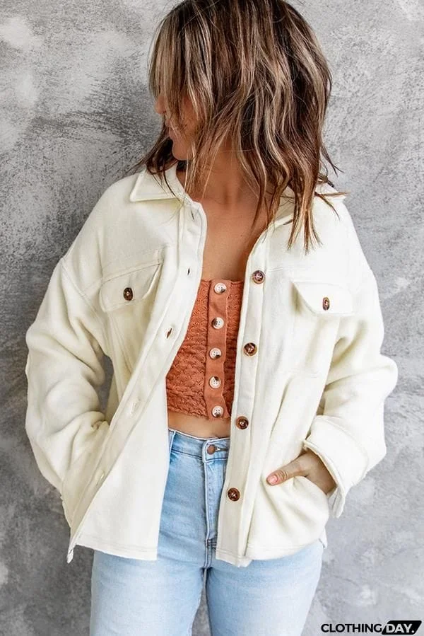 Solid Color Pocketed Patched Elbow Women Shacket