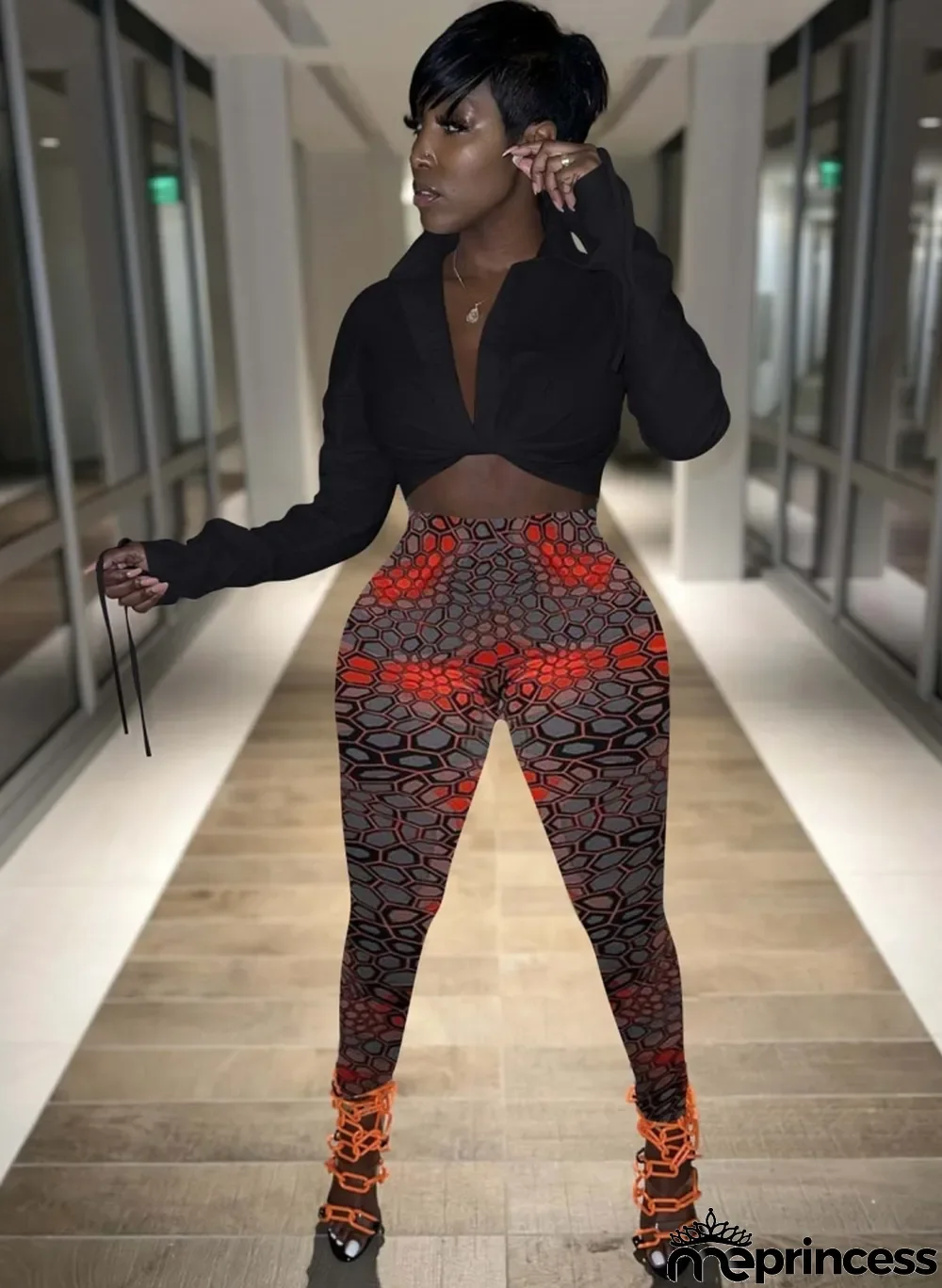 Fall Sexy Black Crop Long Sleeve Shirt and High Waist Slim Printed Pants