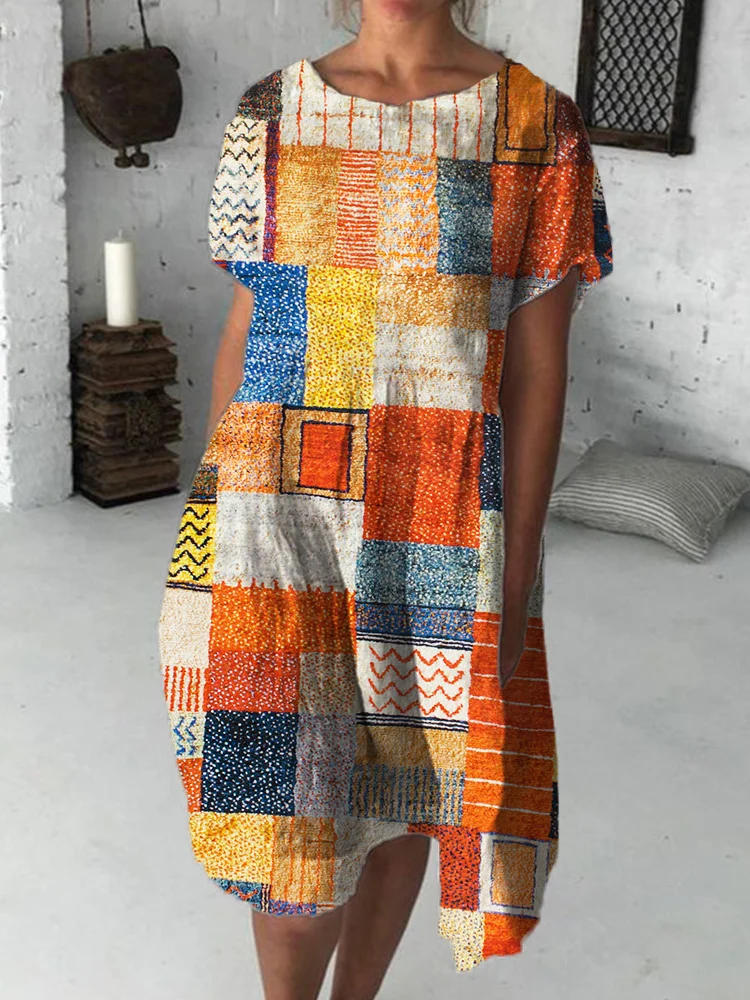 Colorblock Patchwork Fiber Art Midi Dress