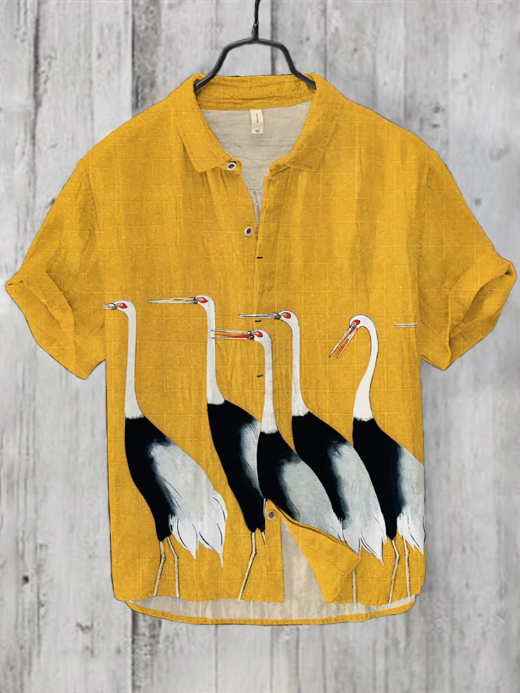 Crane Japanese Art Print Linen Blend Shirt