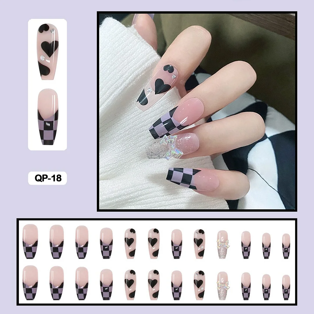 24pcs/box  Lovely Checked-pattern Press On Nails Full Cover Fake Nails With Glue Long Wearable False Nails WIth Wearing Tools-Nail Inspo