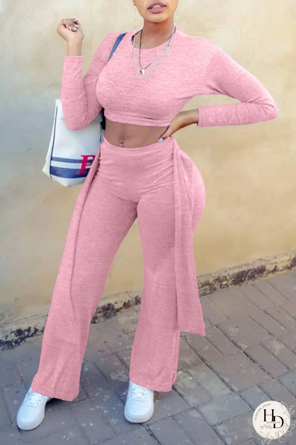 Pink Casual Solid Bandage Split Joint O Neck Long Sleeve Two Pieces