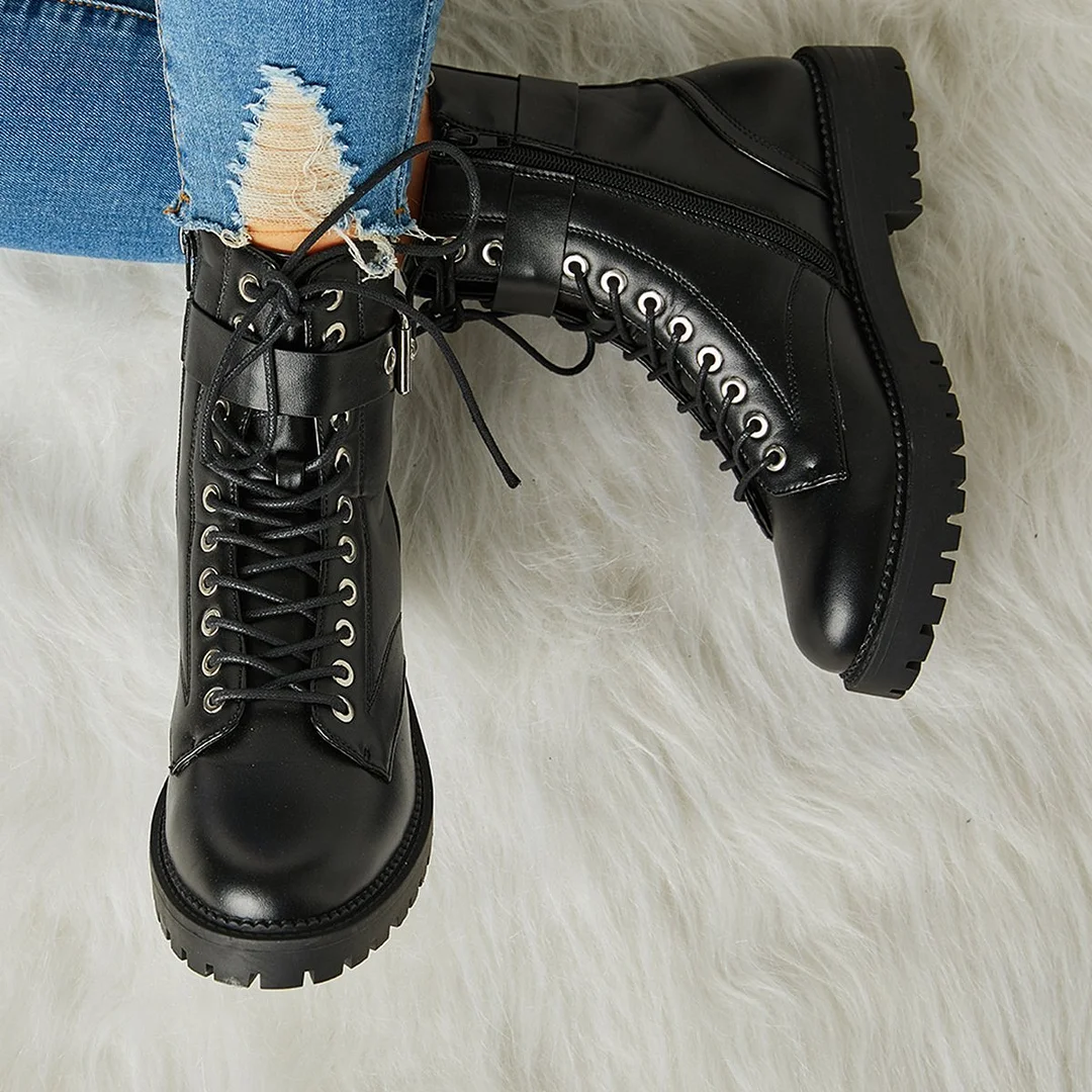 Women's Fashion Buckle Combat Leather Boots
