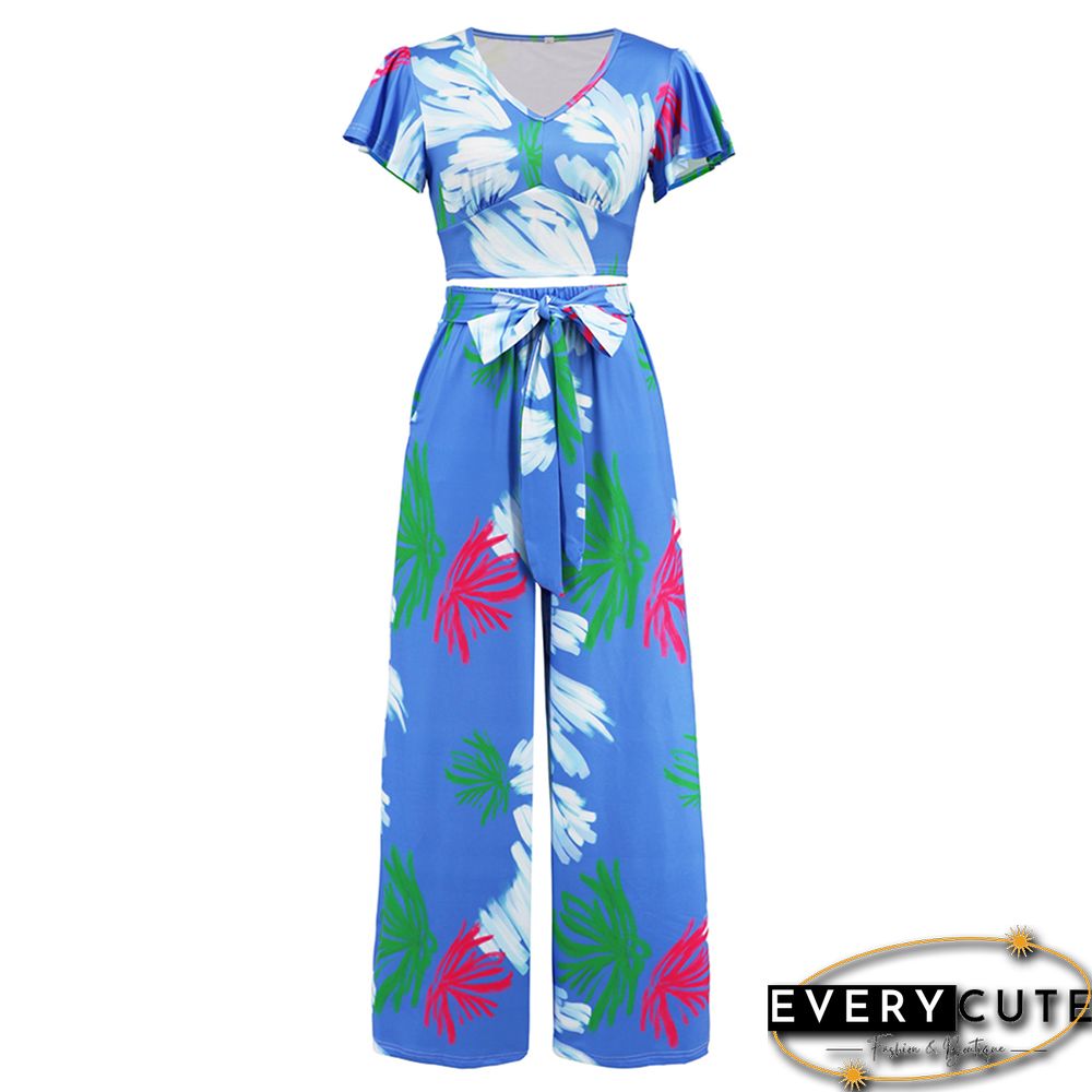 Blue Printed V Neck Crop and Wide Leg Pant Set