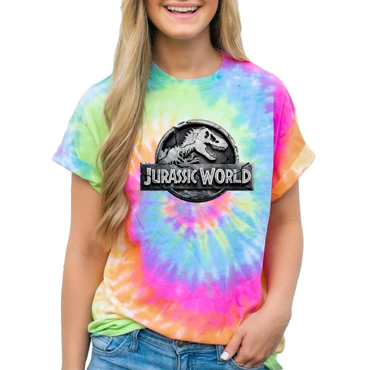 Women and Men Tie Dye Tee Jurassic World Logo T Shirt - Heather Prints Shirts