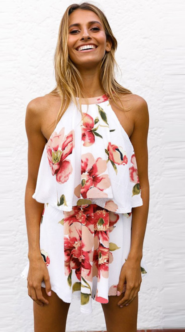 White Floral Crop Top and Shorts Matching Sets
