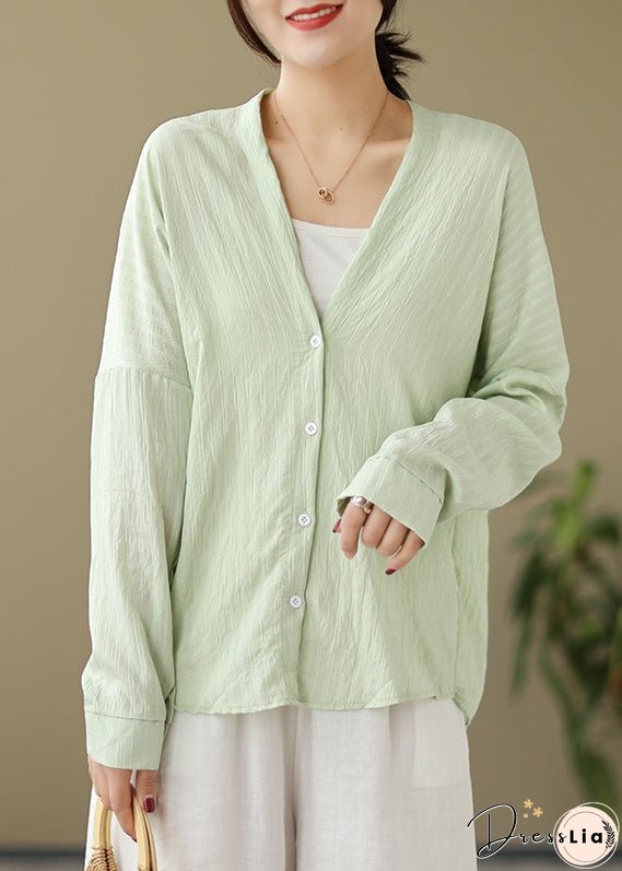 Green Button Patchwork Cotton Coat Outwear V Neck Fall