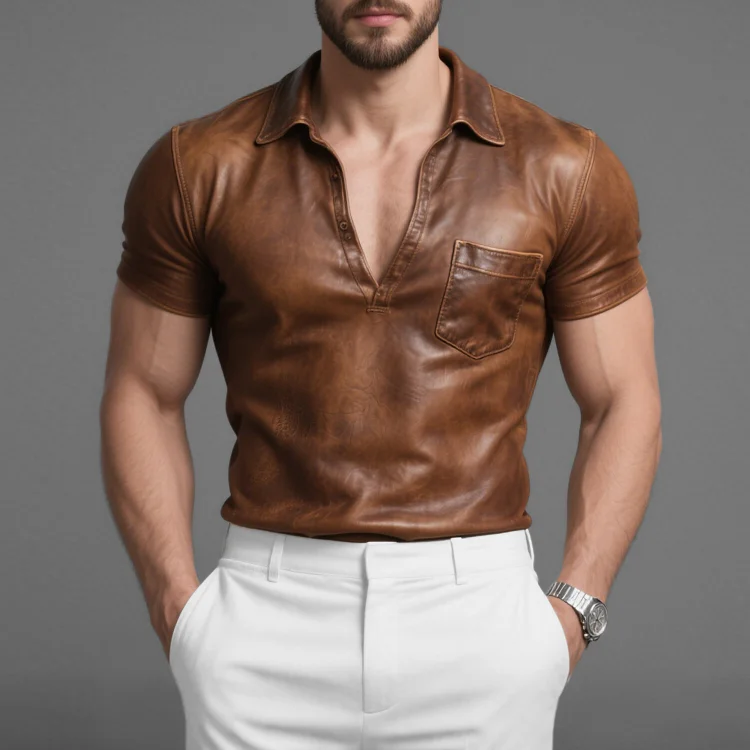 Okaywear Half Button Chest Pocket PU Leather Polo Shirt Okaywear