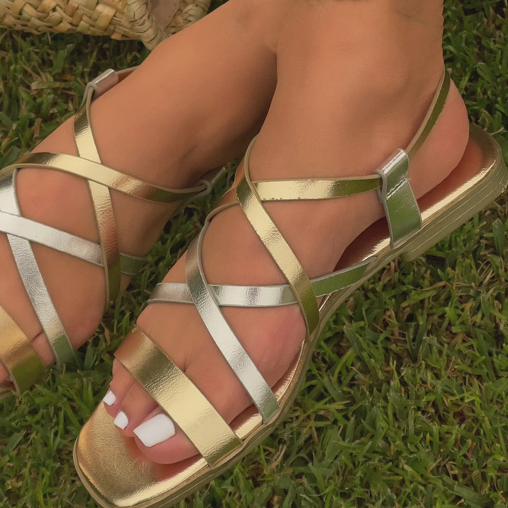 Gold & Silver Glitter Square Toe Flat Ankle Strap Sandals Nicepairs