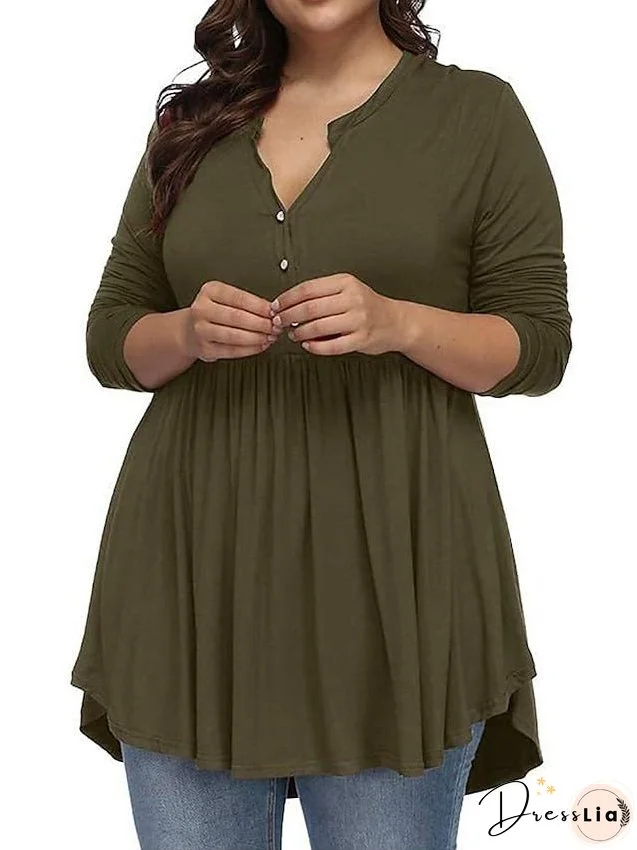 T shirt Tee Light Blue claret Deep Purple Plain Button Flowing tunic Long Sleeve Daily Weekend Basic V Neck Long Plus Size L for Women