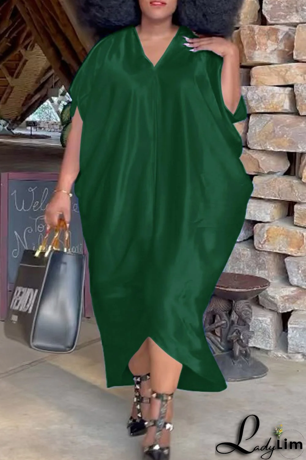 Ink Green Fashion Casual Plus Size Solid Asymmetrical V Neck Short Sleeve Dress