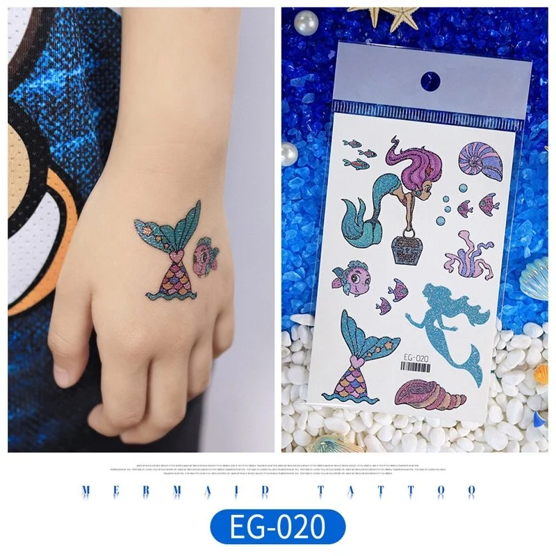 12 kinds Glitter Powder Temporary Tattoo Cartoon Mermaid Ocean Stickers tatouage temporaire Disposable Party Makeup