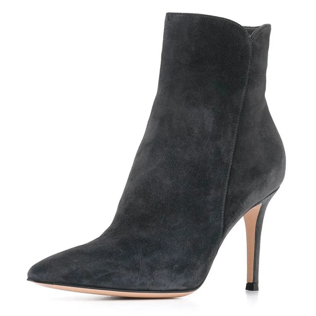 Vegan Suede Pointed Toe Side Zipper Stiletto Heel Boots in Dark Grey
