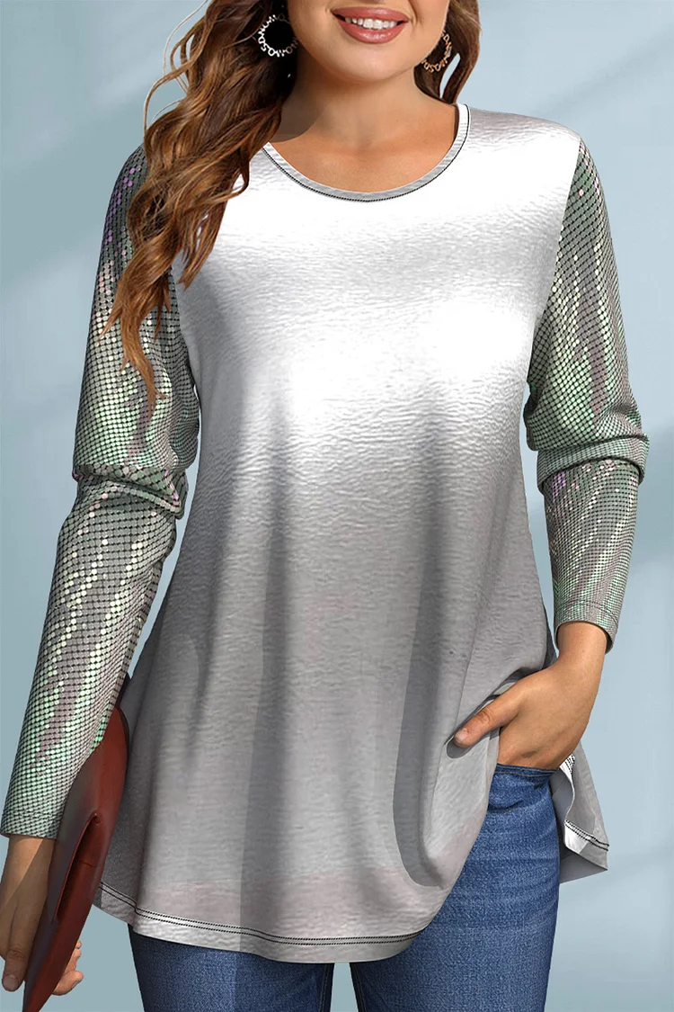 Flycurvy Plus Size Casual Silver Laser Sparkly Sequin Print Long Sleeve T-Shirt  Flycurvy [product_label]