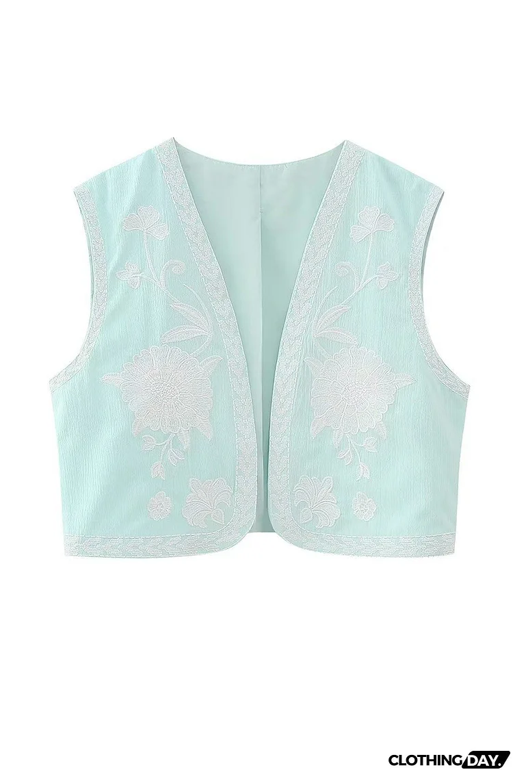 Vintage Floral Embroidery Open Front Vest