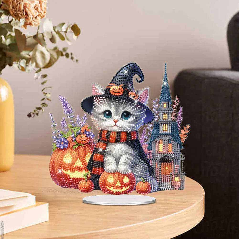 DIY Halloween Cat Acrylic Diamond Painting Desktop Decorations for Home Office Decor