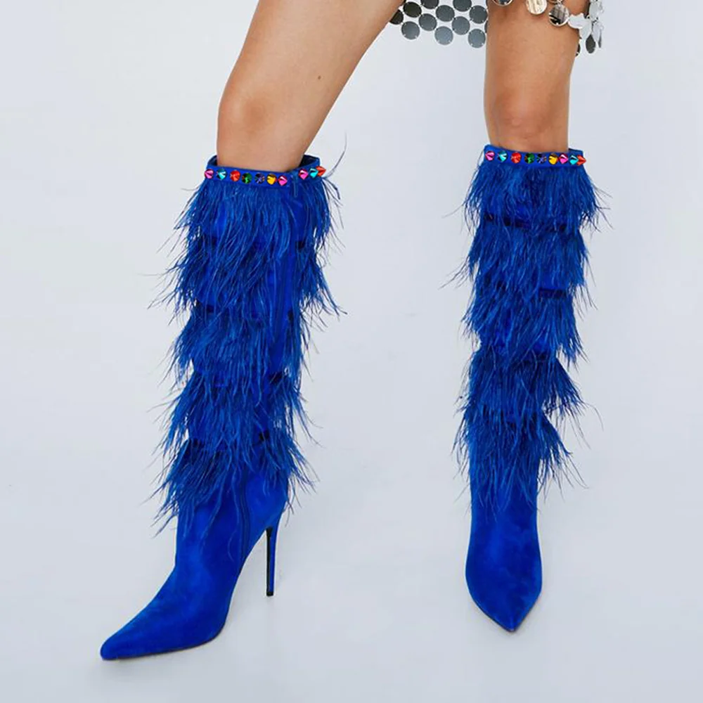 Blue Knee High Boots Suede Boots With Tassel Decorated
