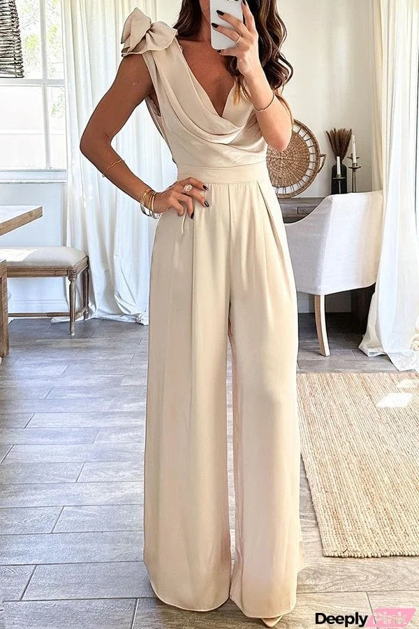 Fashion Highlight Cowl Neck Rose Detail Shoulder Wide Leg Jumpsuit