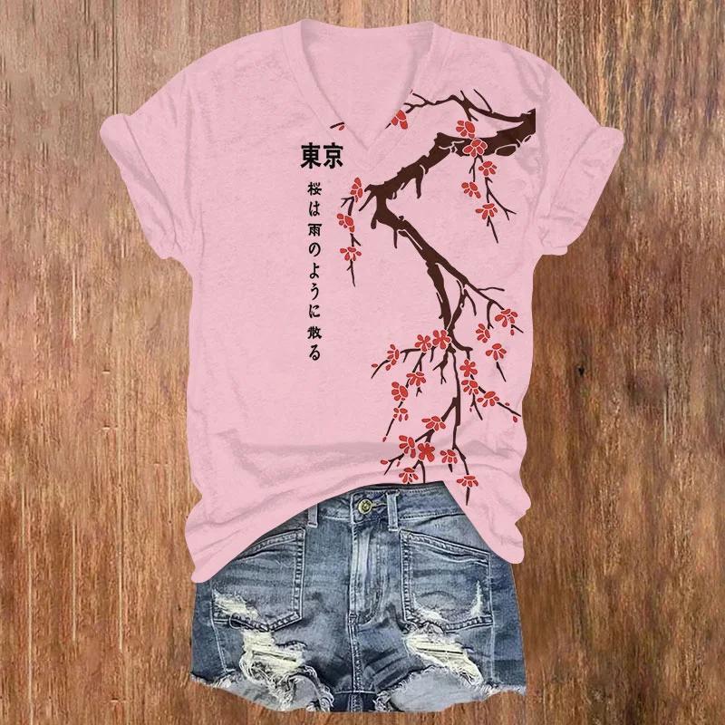 Tokyo Japanese Cherry Blossoms Print V-Neck T-Shirt