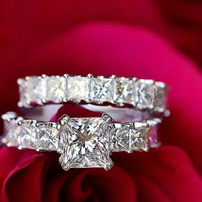 Huitan Eternity Wedding Rings Sets for Women Statement Square Crystal Cubic Zirconia Design Gorgeous Rings Jewelry Drop Shipping