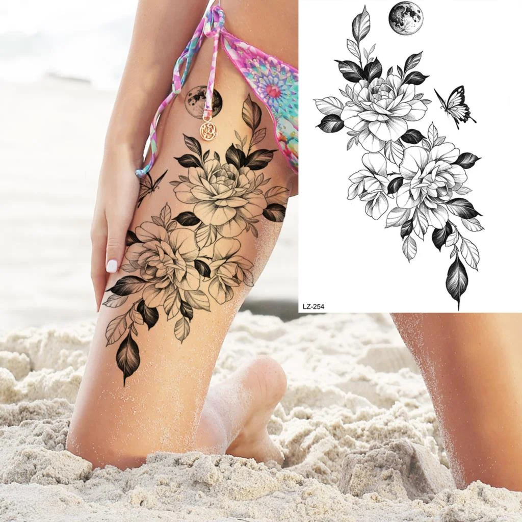 Sdrawing Rose Flower Moon Temporary Tattoos For Women Adult Pendant Peony Lotus Fake Tattoo Calf Thigh Body Art Waterproof Tatoos