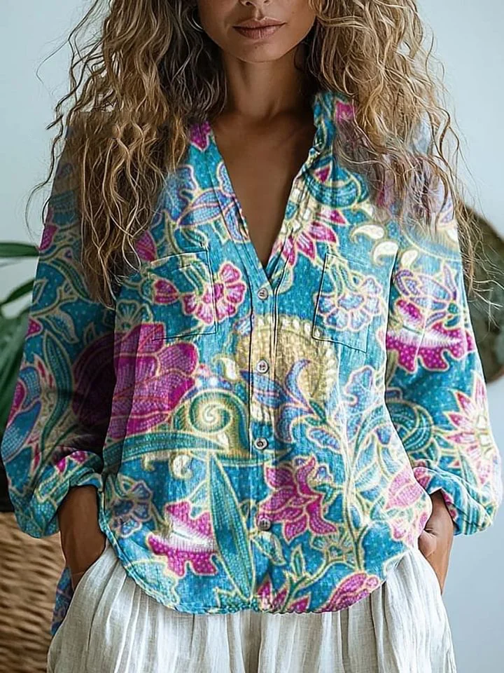 Women's Vintage Floral Art Print Casual Long Sleeve Comfortable Cotton Shirt