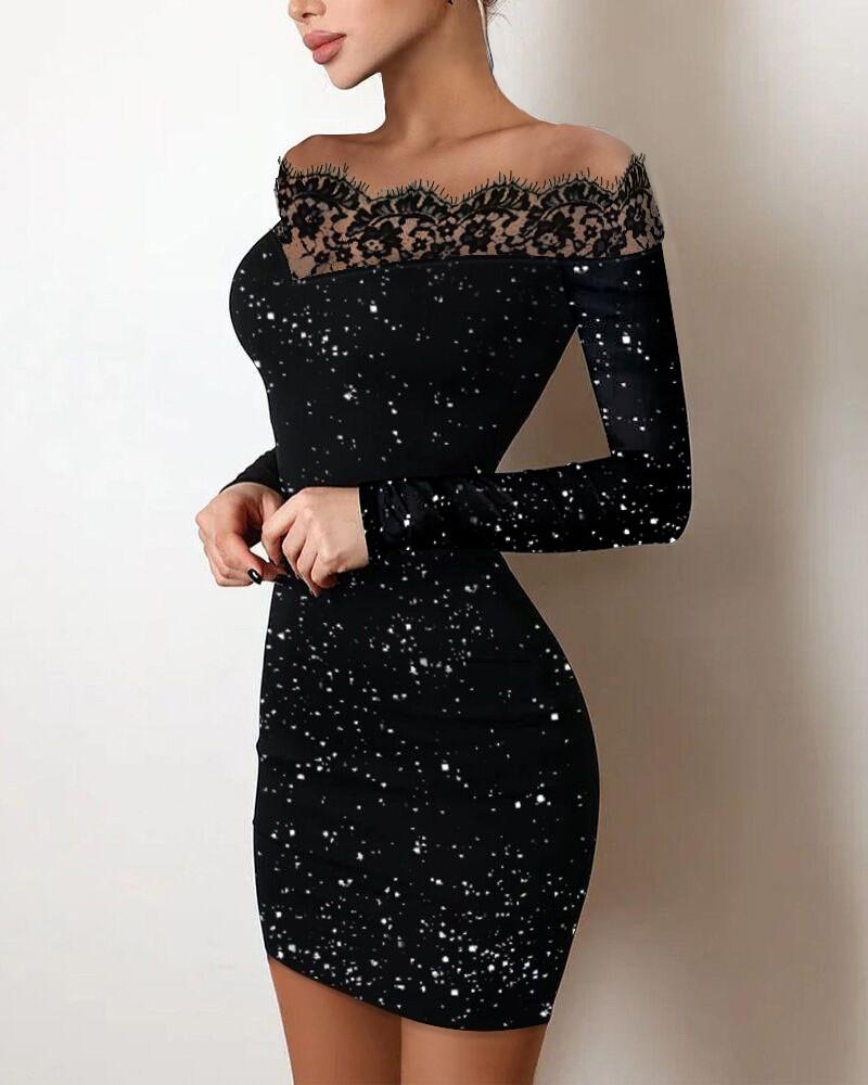  thdmladies Off Shoulder Contrast Lace Glitter Bodycon Dress thedmladies