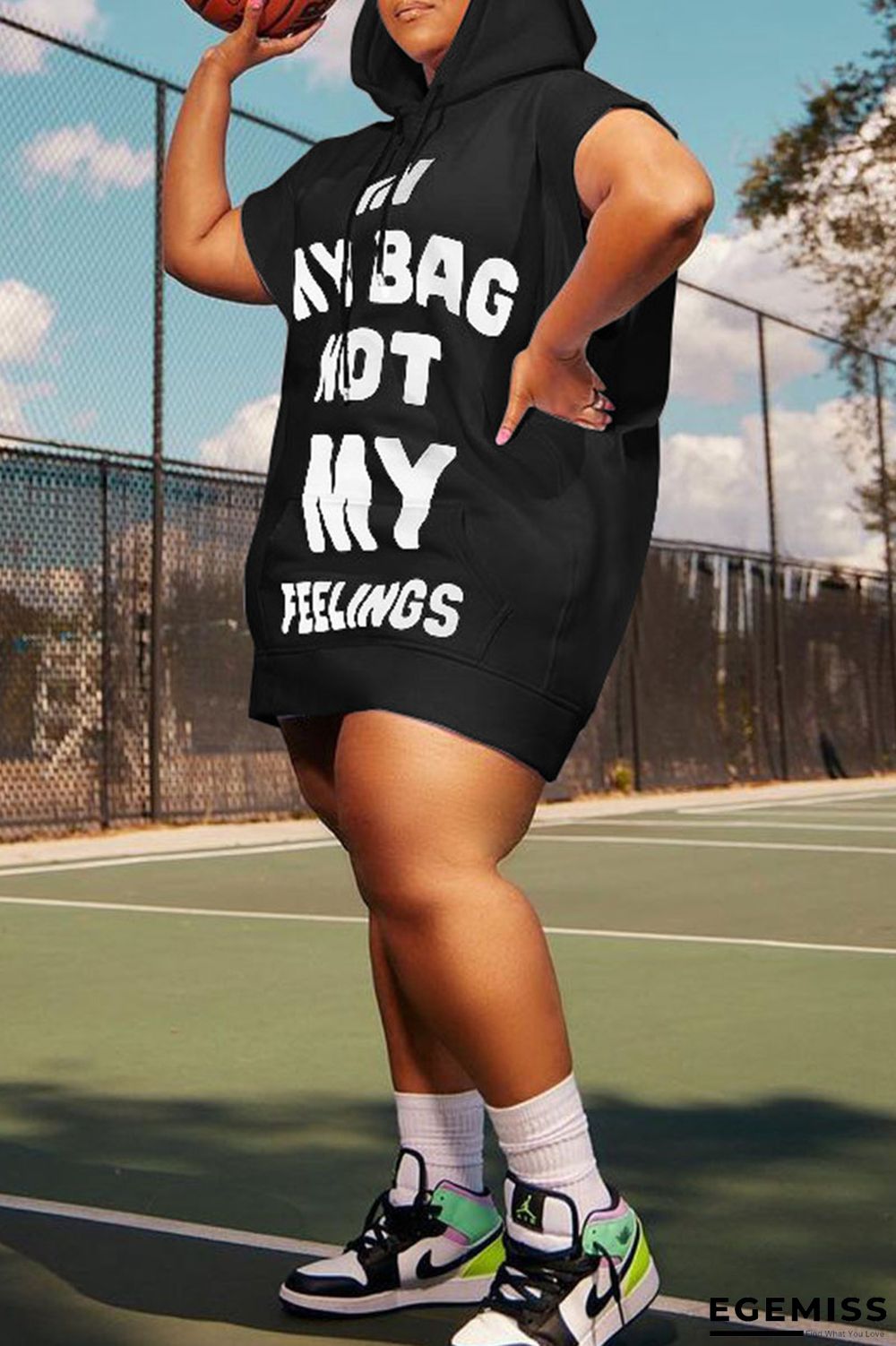 Black Casual Letter Print Patchwork Hooded Collar Straight Plus Size Dresses | EGEMISS