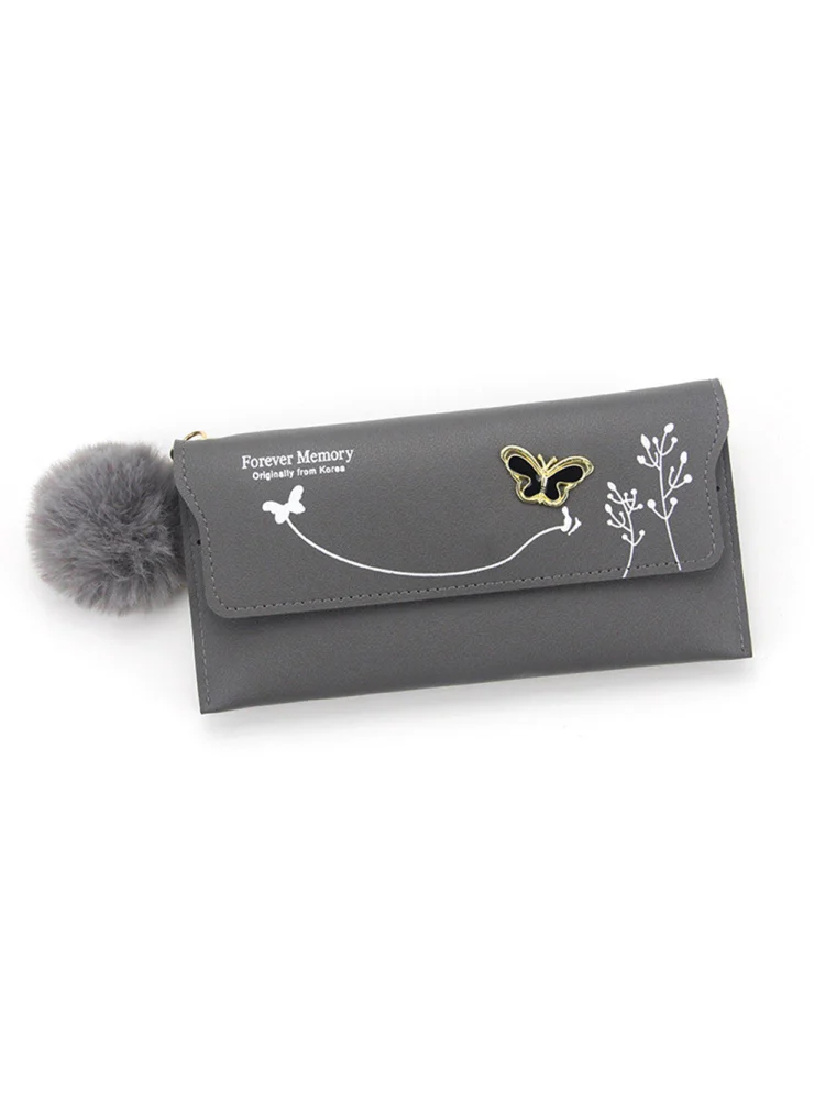 Women PU Flap Wallet with Plush Ball Lady Butterfly Coin Purse (Grey)