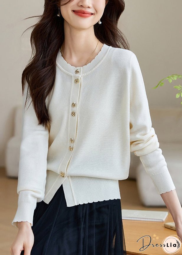 White Button Solid Wool Knit Fall Coats O Neck