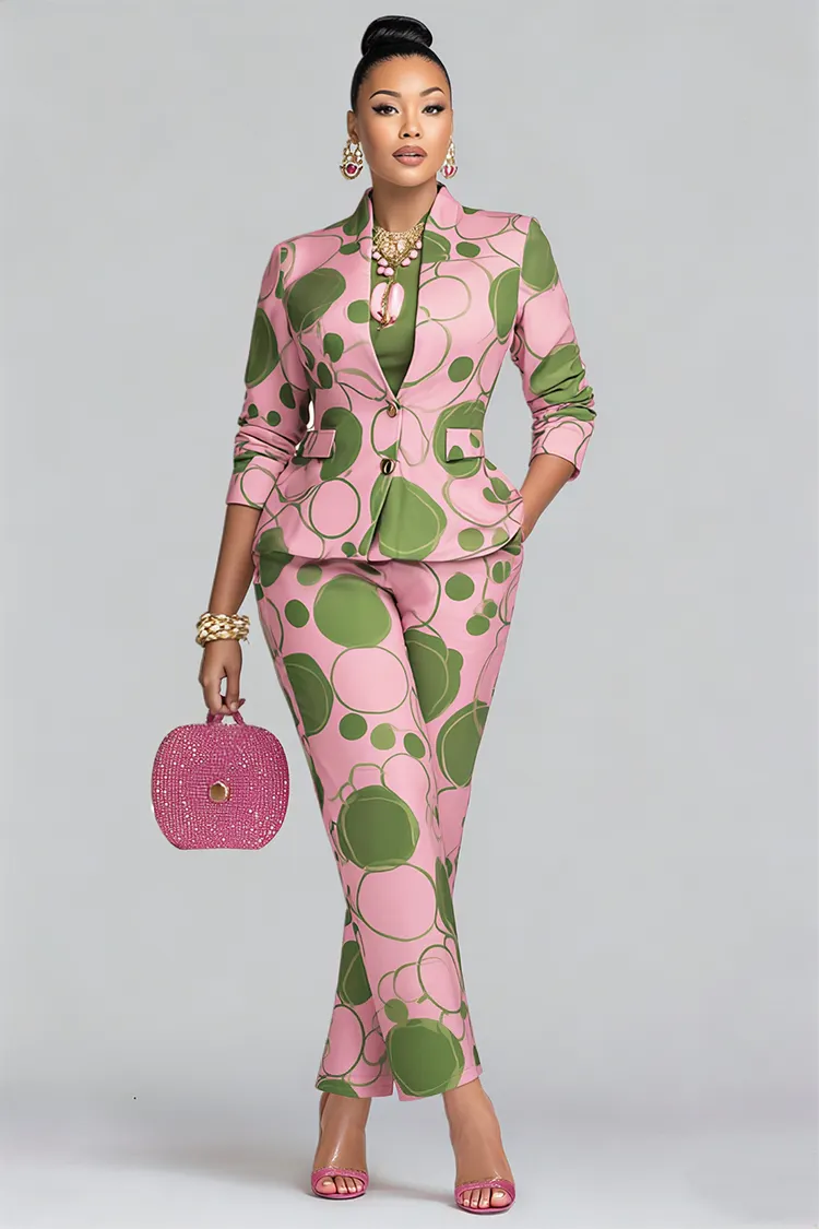 Xpluswear Design Plus Size Business Casual Pink Polka Dot 3/4 Sleeve Pocket Satin Two Piece Pant Sets 2024 - Xpluswear