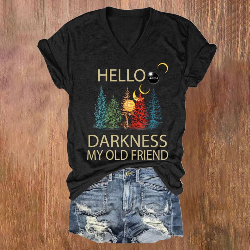 Comstylish Retro Hello Darkness My Old Friend 2024 Total Solar Eclipse Print V-Neck T-Shirt