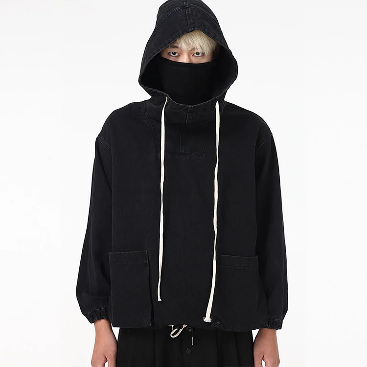 Dawfashion Techwear Streetwear-Original Design Feels Layered Over A Double-pocket Drawstring Sweatshirt Hooded Denim Jackets-Streetfashion-Darkwear-Techwear