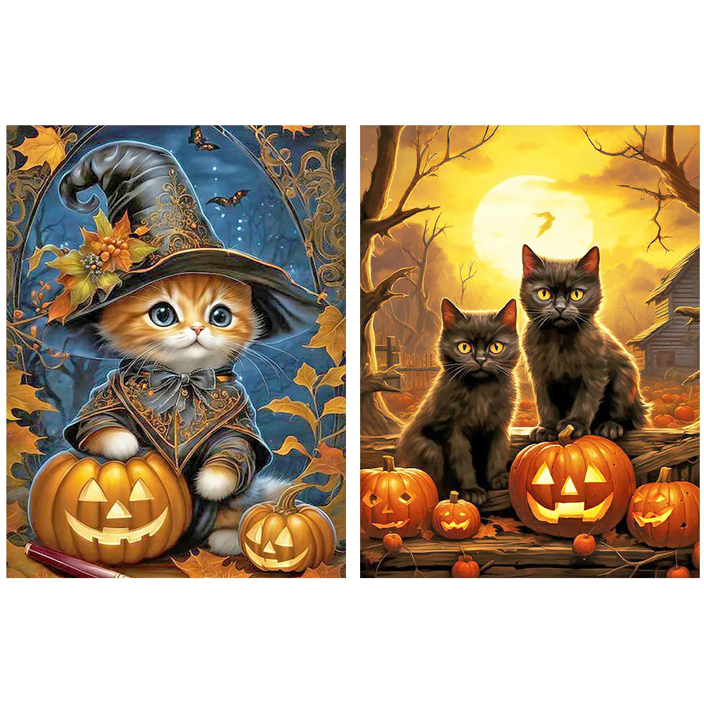 2pcs Diamond Painting - Full Round Drill - Halloween Pumpkin Cat(Canvas|30*40cm)