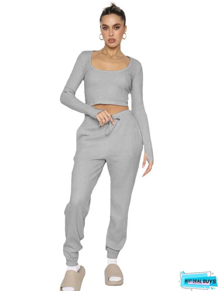 Waffle Solid Necks Long Sleeve Pants Sets Women Cropped Tops High Waist Trouser Pieces