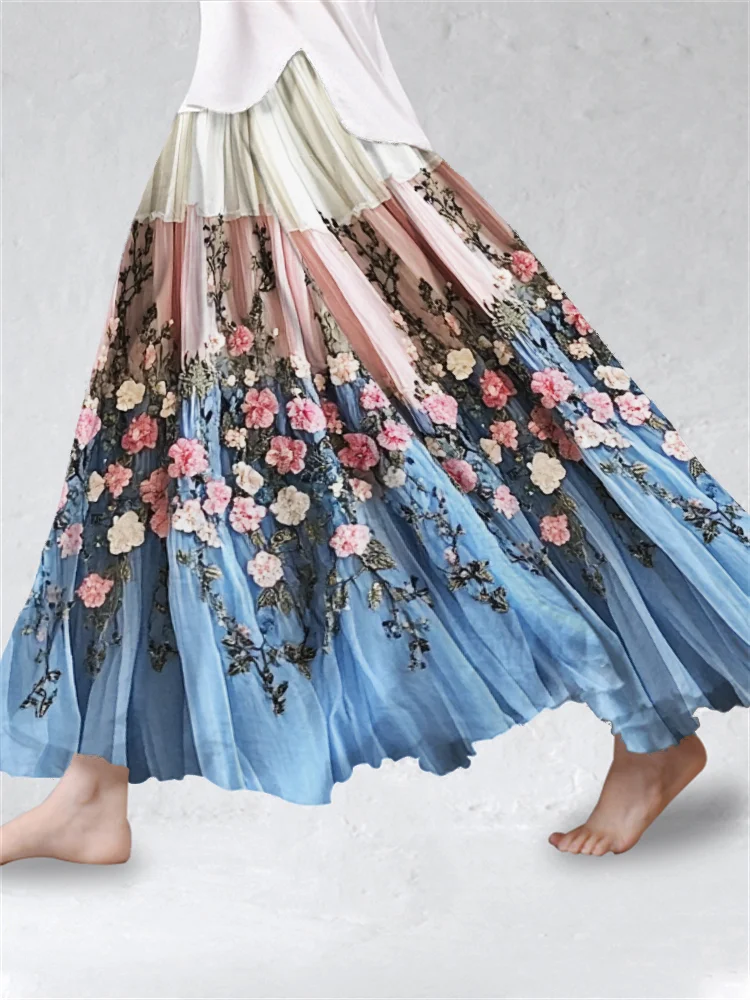 Floral Embroidered Transgender Colorblock Flowy Wide Skirt